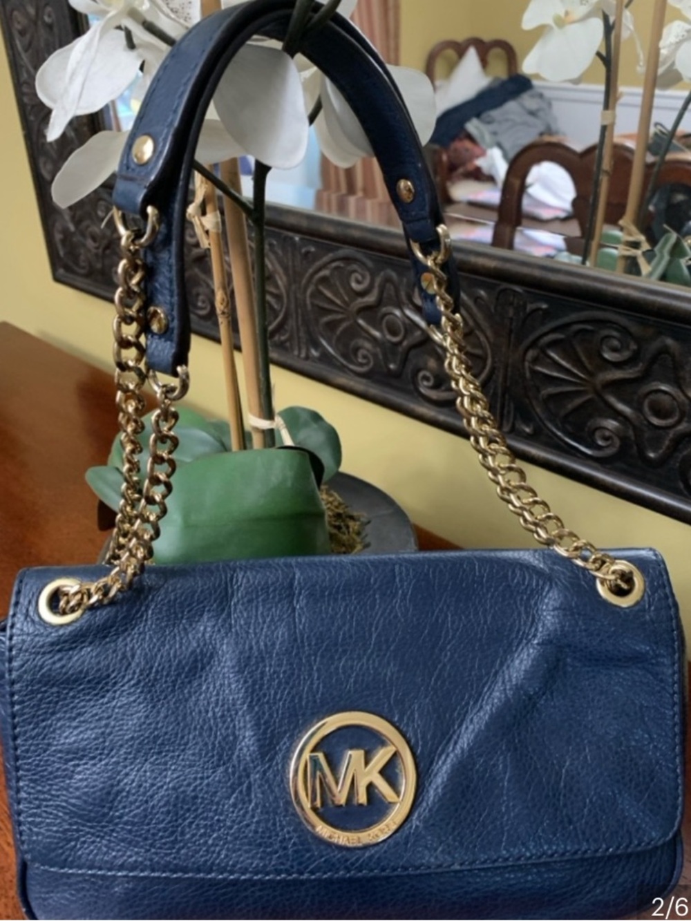 Michael Kors Navy Leather Shoulder Bag with Gold MK Accent